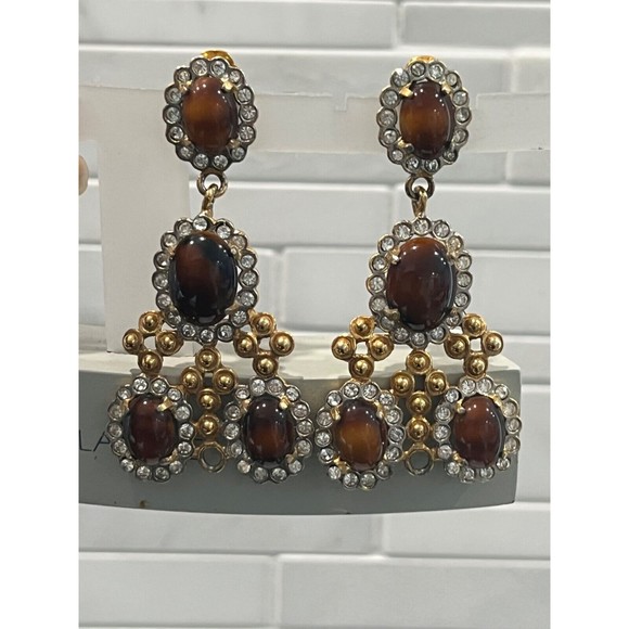 Vtg KJL Chandelier Earrings Clip on Brown Cabochon Rhinestone Dangle 60's - Picture 11 of 11